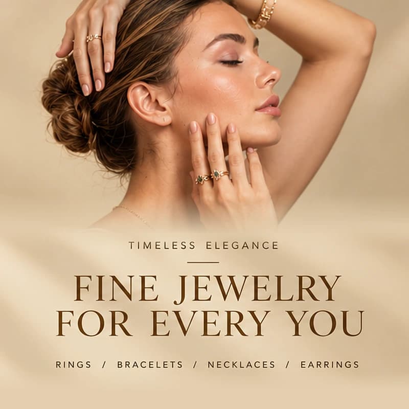 Fine jewelry for every you, with a model wearing gold jewelry