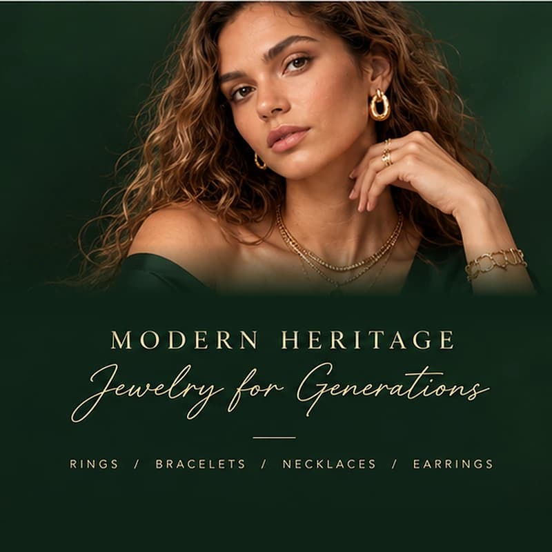 Modern heritage, jewelry for generations, with a model wearing gold jewelry