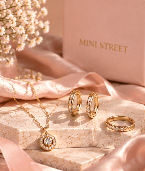 Gold jewelry styled with flowers and blush silk