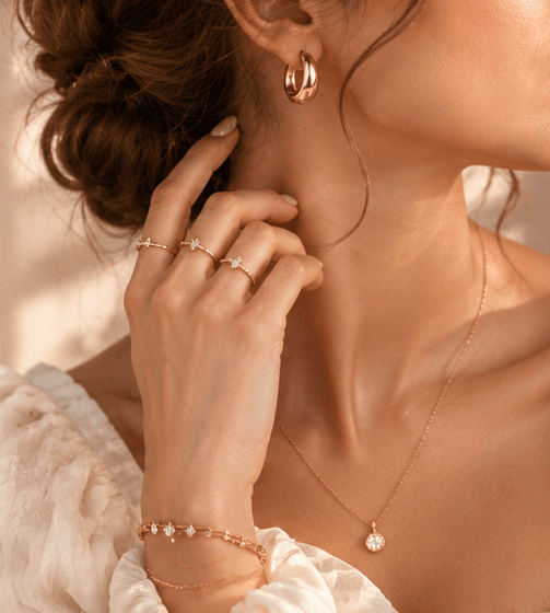 Gold necklace and earrings worn together